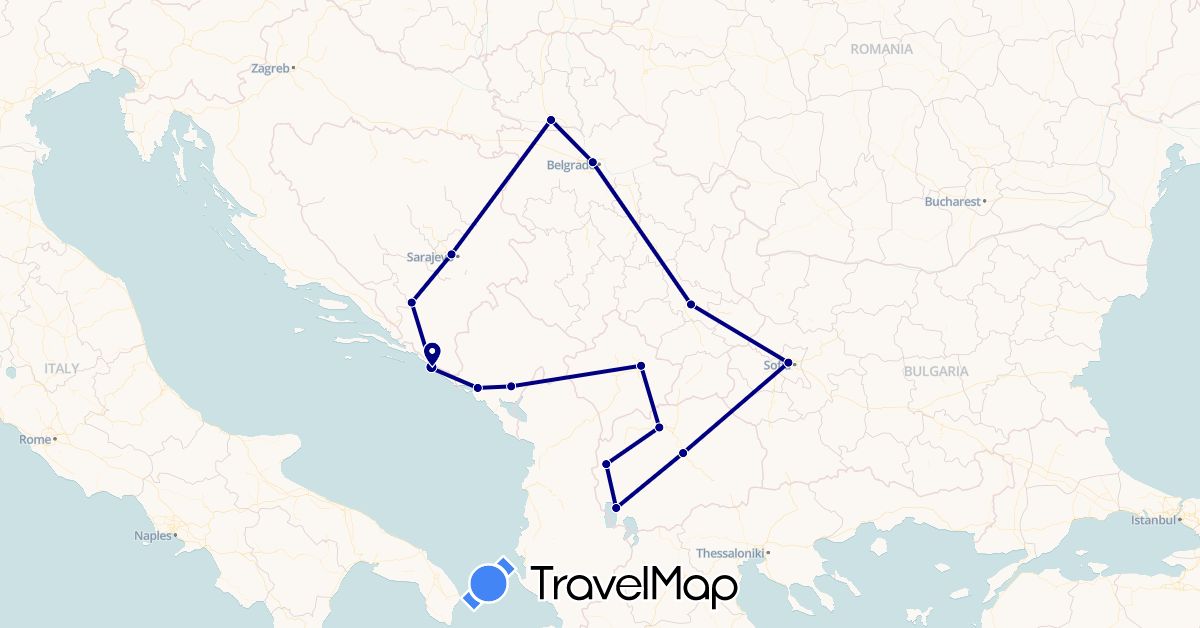 TravelMap itinerary: driving in Bosnia and Herzegovina, Bulgaria, Croatia, Montenegro, Macedonia, Serbia, Kosovo (Europe)